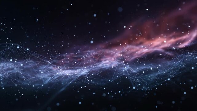 A mesmerizing visualization of interconnected points and lines forming a digital web across a vibrant cosmic backdrop. Ideal for illustrating technology, data, and futuristic concepts