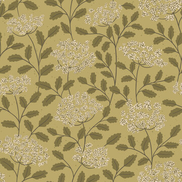 Meadow Wildflower Queen Anne's lace vector seamless pattern on olive green background. Delicate hand-drawn florals with organic umbels, foliage. Vintage cottagecore design for farmhouse textiles
