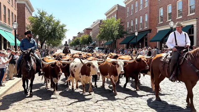 Herd of cattle being driven down street by cowboys
