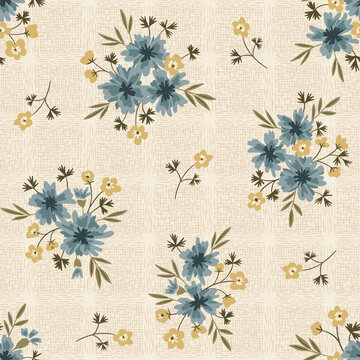 Vintage meadow wildflower bouquet vector seamless pattern with bachelor buttons, buttercup on textured cream background. Rustic cottagecore botanical floral print with hand-drawn flowers. Perfect for