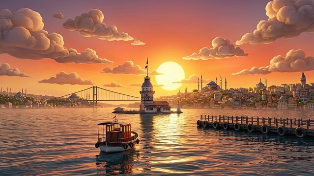 Bosphorus Sunset Serenity: A breathtaking sunset paints the Istanbul skyline with vibrant hues, illuminating the Maiden's Tower and a majestic suspension bridge.