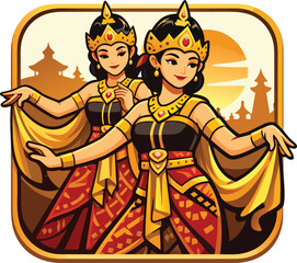 Obraz premium Two beautiful indonesian dancers in traditional dress, perform against a sunset background. Ideal for travel brochures, cultural websites, or dancethemed designs.