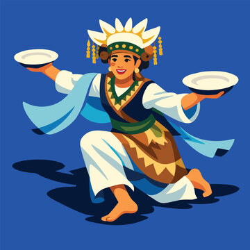 Beautiful woman performing indonesian traditional dance tari piring with plates. Suitable for cultural websites, dance studios, indonesian tourism brochures.