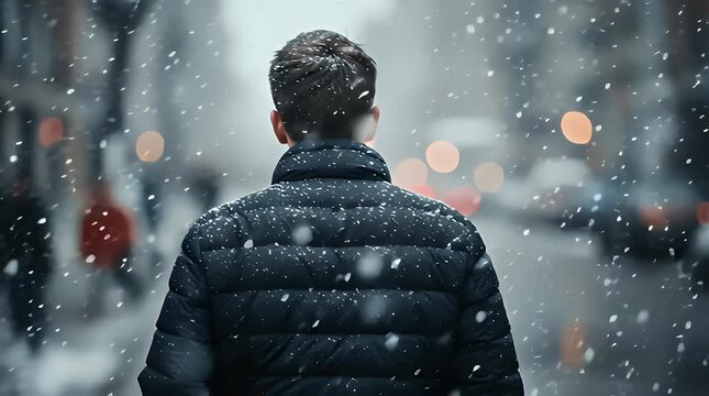 A man walks alone through a snowy city street, surrounded by blurred lights and buildings, evoking a sense of solitude and contemplation on a cold winter's day