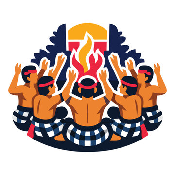 Tari kecak bali in checkered skirts by a flame in bali. Suitable for cultural, travel, and lifestyle related concepts.