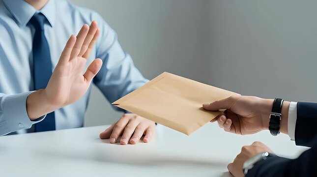 Businessman hand gesture refusing bribe offer, anti corruption and integrity concept, ethical business decision and transparency symbol