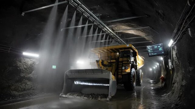 Medium shot of automated dust control system releasing fine mist to reduce airborne particles in an underground mining tunnel promoting a cleaner working environment.
