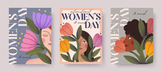 Womens Day poster set.Diverse female portraits and floral design.Feminine greeting card templates celebrating inclusion,empowerment and unity.Vertical layout for social media, print and marketing © Xenia Artwork 