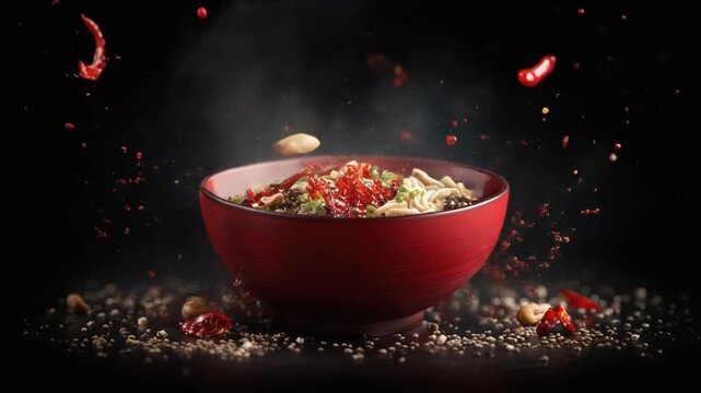 A vibrant red bowl of noodles with ingredients like chili peppers, peanuts, and broth splash