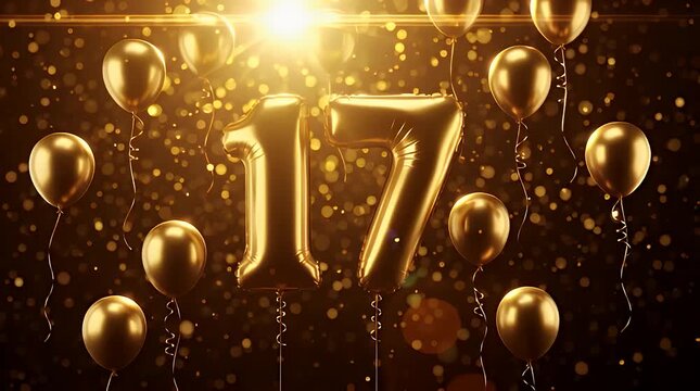 Golden particles and glowing light streaks with bokeh effect on dark background, festive balloons number 17 in background, celebration and anniversary concept