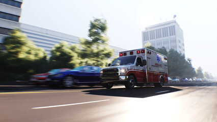An ambulance driving fast on a city street. 3d rendering. © 3D motion
