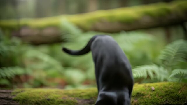 Sleek black cat perched on a mossy log in lush green forest, poised to pounce