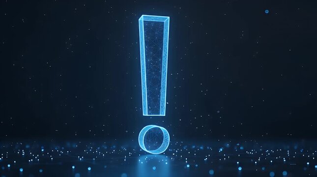 A glowing blue exclamation mark shines bright in a dark space filled with sparkling particles, conveying a sense of excitement and alertness.