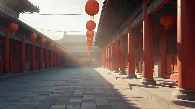 Serene traditional Chinese courtyard with red lanterns and pillars, evoking cultural heritage and peaceful atmosphere