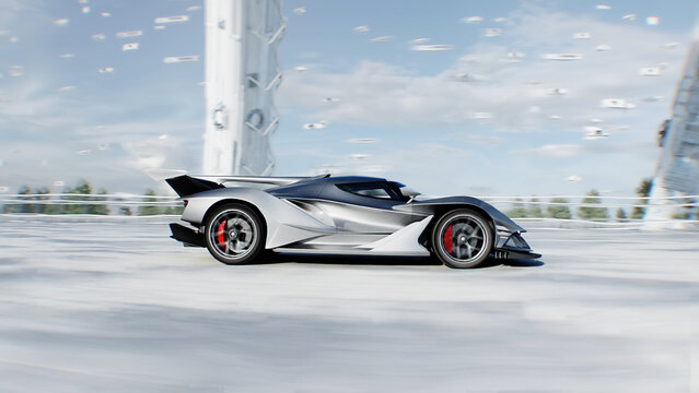 An futuristic grey sport car driving fast on a futuristic city street. Concept of future. 3d rendering.