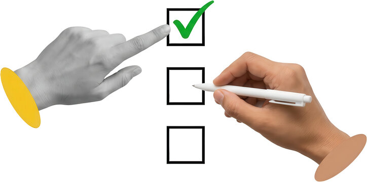 A finger points to a green checkmark in a checkbox while another hand holds a pen ready to mark a list checklist decision selection choice task done approval agreement transparent background