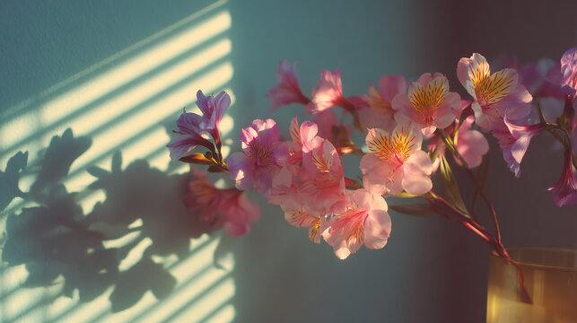 Tech background with pastel sage, blush pink and lavender tones, soft natural light and gobo striped shadows, generous copy space &ndash; cinematic style