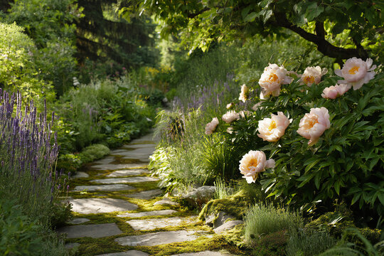 Sunlit spring garden stone path winding past pink peonies and lavender spikes, bright airy bokeh photography