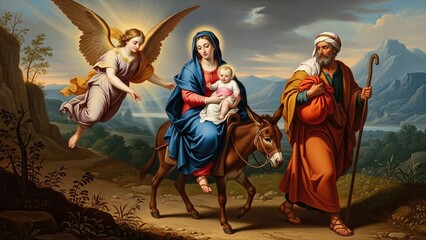 Fototapeta premium Holy Family's arduous flight, Virgin Mary with infant Jesus, Saint Joseph's guiding presence, divine angel protecting their exodus to Egypt through an ancient desert landscape