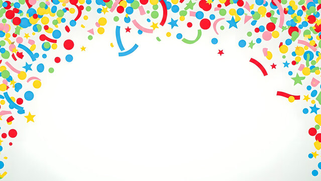 Vibrant confetti and streamers cascade down on a white background from top to bottom, creating a festive atmosphere.