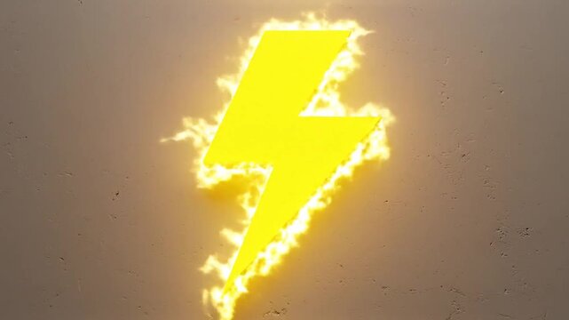 Yellow Lightning Bolt on Gray Background with Fiery Glow Effect.