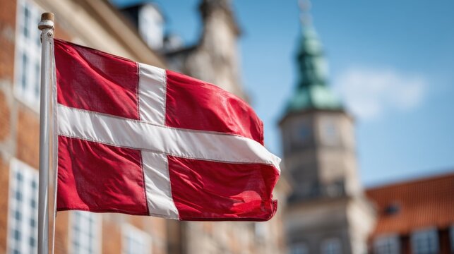 Danish flag waving at Rosenborg Castle in Copenhagen on a bright sunny day Generative AI