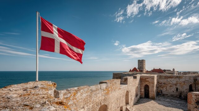 Wide-angle view of Denmark flag on ramparts at Kronborg Castle by North Sea Generative AI