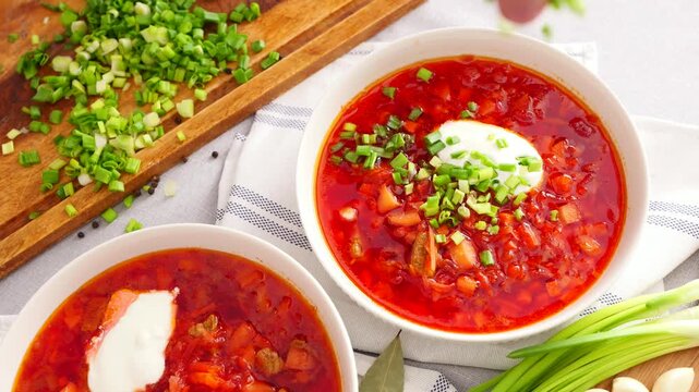 Red soup is in a bowl topped with green onions and served on a wooden surface with fresh herbs.
