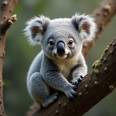 Cute koala bear sitting on a tree branch looking at the camera outdoors