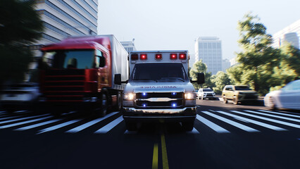 An ambulance driving fast on a city street. 3d rendering. © 3D motion