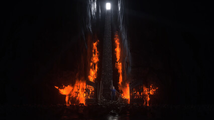 Man in hell. Sinner. A lonely sinfull man stands in front of a hell gates. Hell fire. Religious concept. 3d rendering. © 3D motion