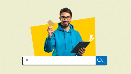 A man is smiling and showing a credit card in one hand while holding a tablet in the other. He stands in front of a search bar on a colorful background. © Prostock-studio