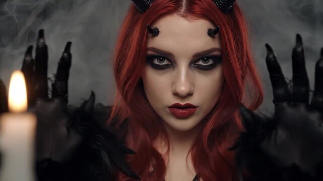 A woman with red hair, devil horns, and dramatic makeup stares intensely at the viewer