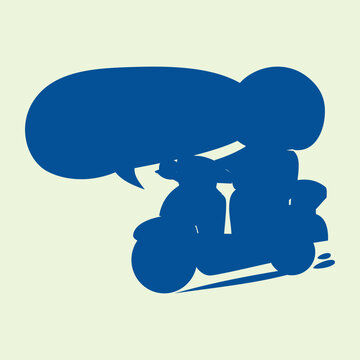 A simple dark blue silhouette of a person riding a scooter with a large speech bubble on a light green background. Ideal for delivery app icons, travel stickers, and logistics graphics.