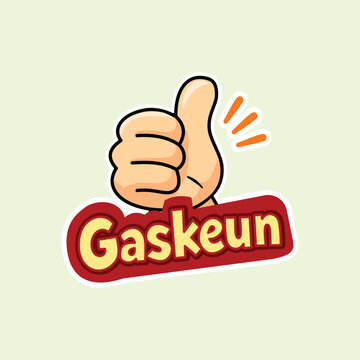 A simple hand drawn illustration of a cartoon hand giving a thumbs up with Gaskeun text on a light green background. Ideal for status stickers, approval icons, and social messaging.