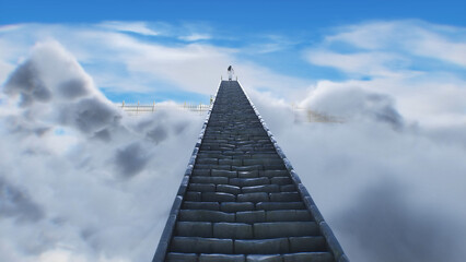 stairway to heaven. A woman stands in front of a paradise, eden gates. Religious concept. 3d rendering. © 3D motion