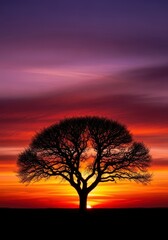 Obraz premium A dramatic, isolated tree silhouetted clearly against a vibrant, colorful setting sun sky, emphasizing sharp contrast and detailed shape, picturesque, scenic, shadow