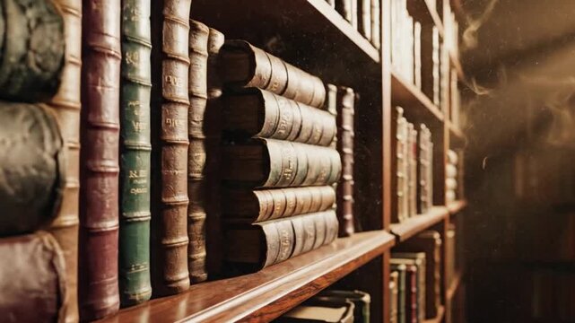 Ancient tomes line the wooden bookshelves in a dimly lit library from a low angle viewpoint