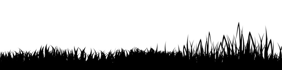 Fototapeta premium Meadow silhouette with grass, plants on plain. Panoramic summer lawn landscape with herbs, various weeds. Herbal border, frame element. Black horizontal banners. Vector illustration