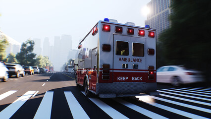An ambulance driving fast on a city street. 3d rendering. © 3D motion