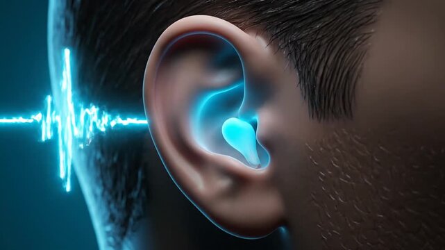 Human Ear with Noise Cancelling Earplug and Sound Waves Visual in Blue Light on Dark Blue Background, Hearing