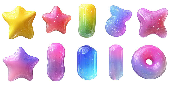 Colorful pastel 3d icons, glossy abstract jelly shapes and smooth decorative objects on transparent background