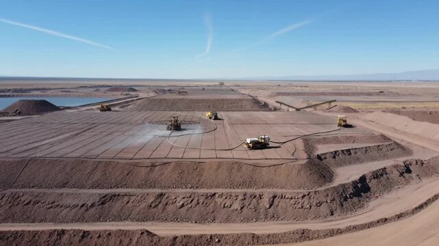 Medium shot of flatland heap leaching process highlighting extensive ore pads with drip irrigation lines and chemical application machinery under clear sky.