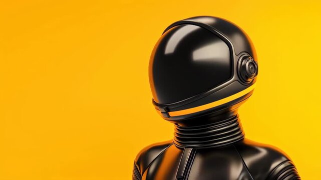 Futuristic figure with black helmet in yellow scene: A mysterious figure adorned with a sleek, black helmet is set against a vibrant yellow backdrop.