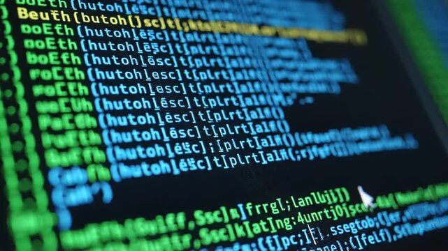 Close up of colorful computer code on a dark screen displaying programming language