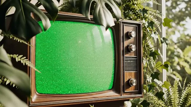 Vintage television set surrounded by lush plants and bright sunlight creating a tropical atmosphere