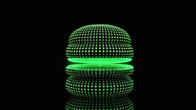 A luminescent, stylized stack of three circular forms with a perforated pattern against a black backdrop