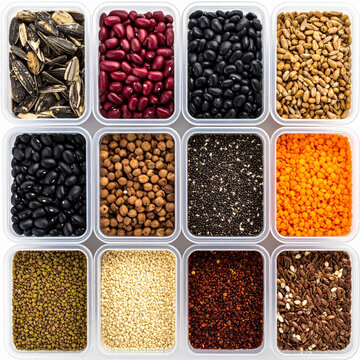 mix de semillas saludables en recipientes, fondo blanco, vista superior