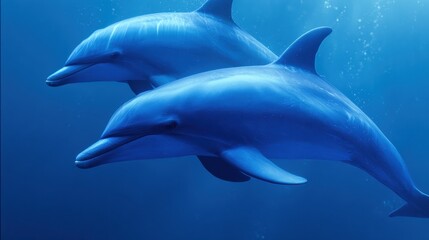 Obraz premium Dolphins Swim Together in Clear Blue Water With Modern Abstract Style Suitable for Banners and Digital Use Showcasing Underwater Life