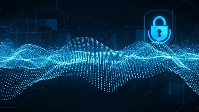 Digital Fortress: A stunning digital representation of cybersecurity, showcasing a glowing lock icon set against a dynamic network of interconnected data points.